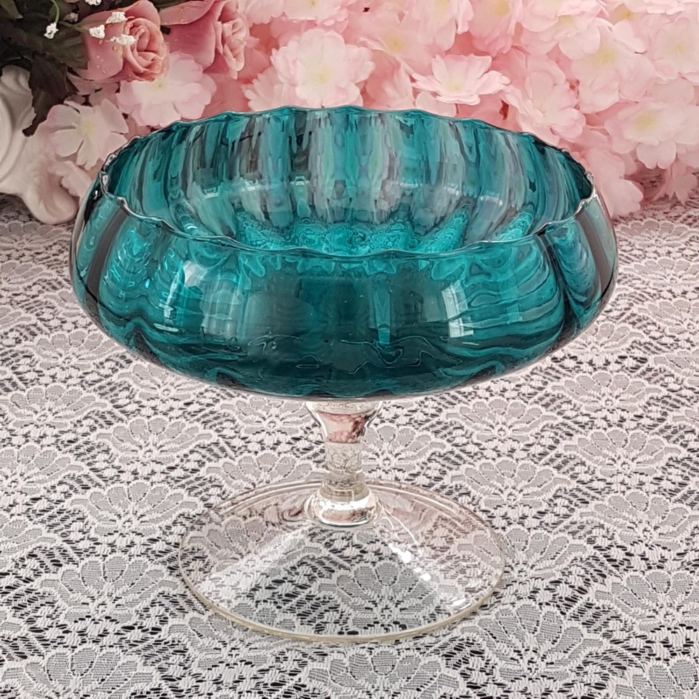Empoli Blue Glass Pedestal Compote Bowl Mid Century Art Glass Candy Dish